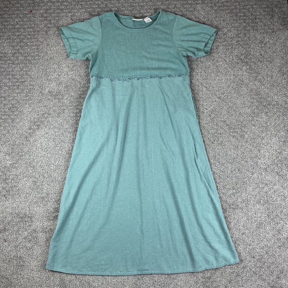 Susan Bristol Dress Women Small Green Maxi Linen Blend Embroidery Floral Cottage